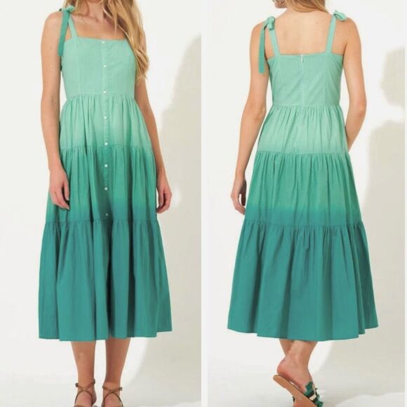 Tuckernuck Oliphant Tie Strap Midi Dress Large Ombré Green Button Front Tiered - Picture 1 of 16